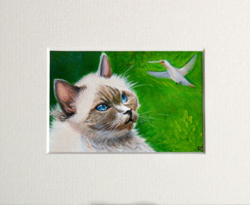 Tiffany the Cat and a Hummingbird, original small painting - Rhia Janta - Cooper Fine Art