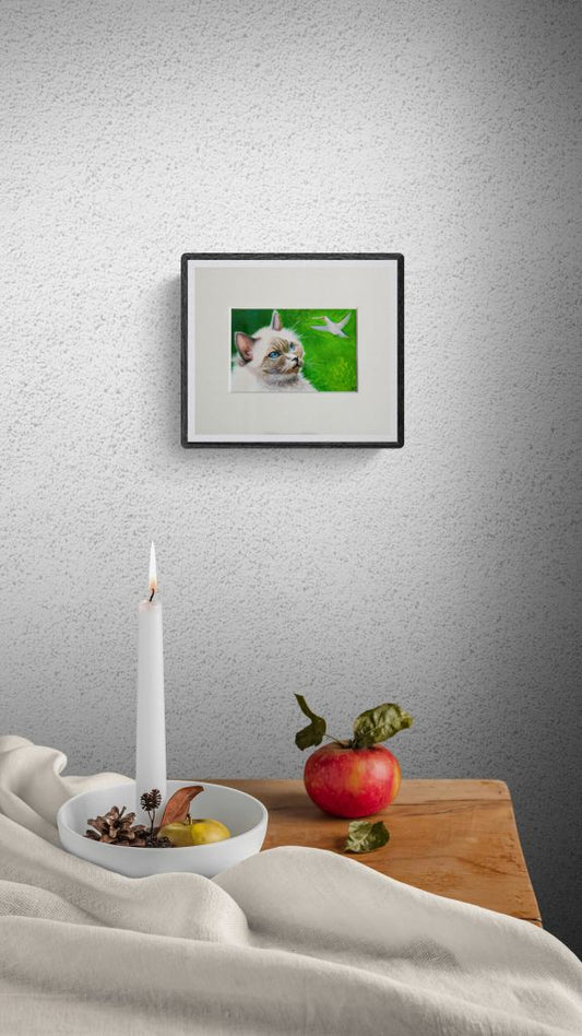 Tiffany the Cat and a Hummingbird, original small painting - Rhia Janta - Cooper Fine Art