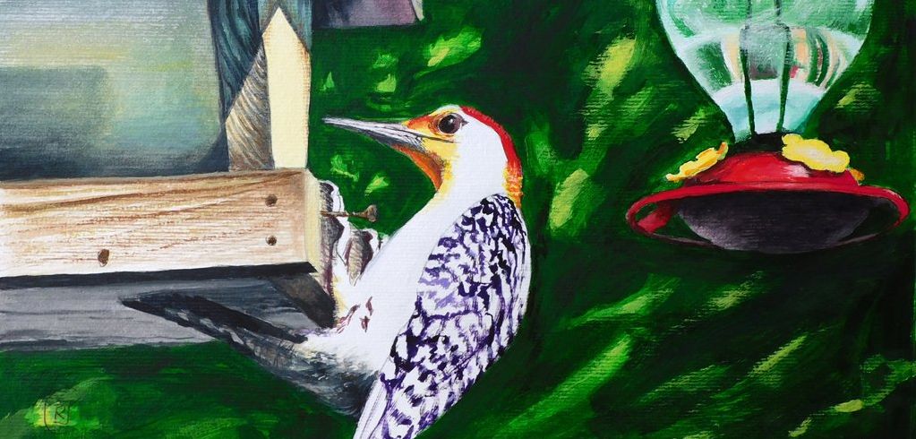 Woodpecker and bird feeder plus hummingbird feeder in the woods from Kentucky, painting by Rhia Janta-Cooper