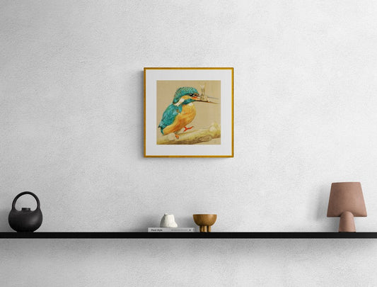 Kingfisher with Fish in a Beak original, hyperrealistic drawing - Rhia Janta-Cooper Fine Art