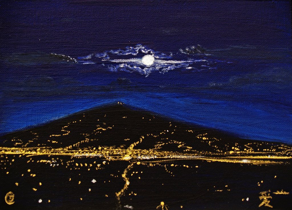 Miniature Painting of Volcano Turrialba and San Jose in Full Moon - Rhia Janta-Cooper Fine Art