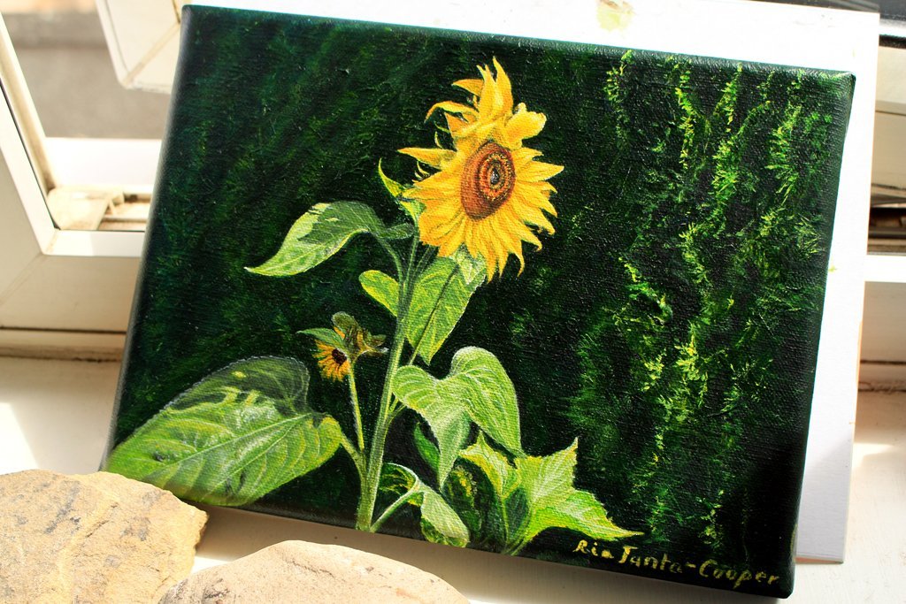 Sunflowers in Wind, original small painting - Rhia Janta-Cooper Fine Art