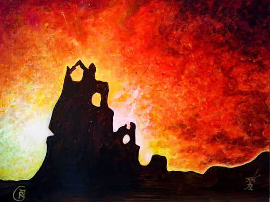 Exploring the Painting of Red Sunset and a Castle - Rhia Janta-Cooper Fine Art
