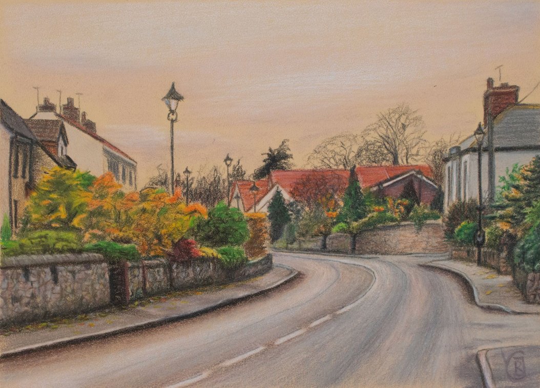 A colored pencil drawing of a quiet residential street with houses, trees, and a curved road under a pale sky.