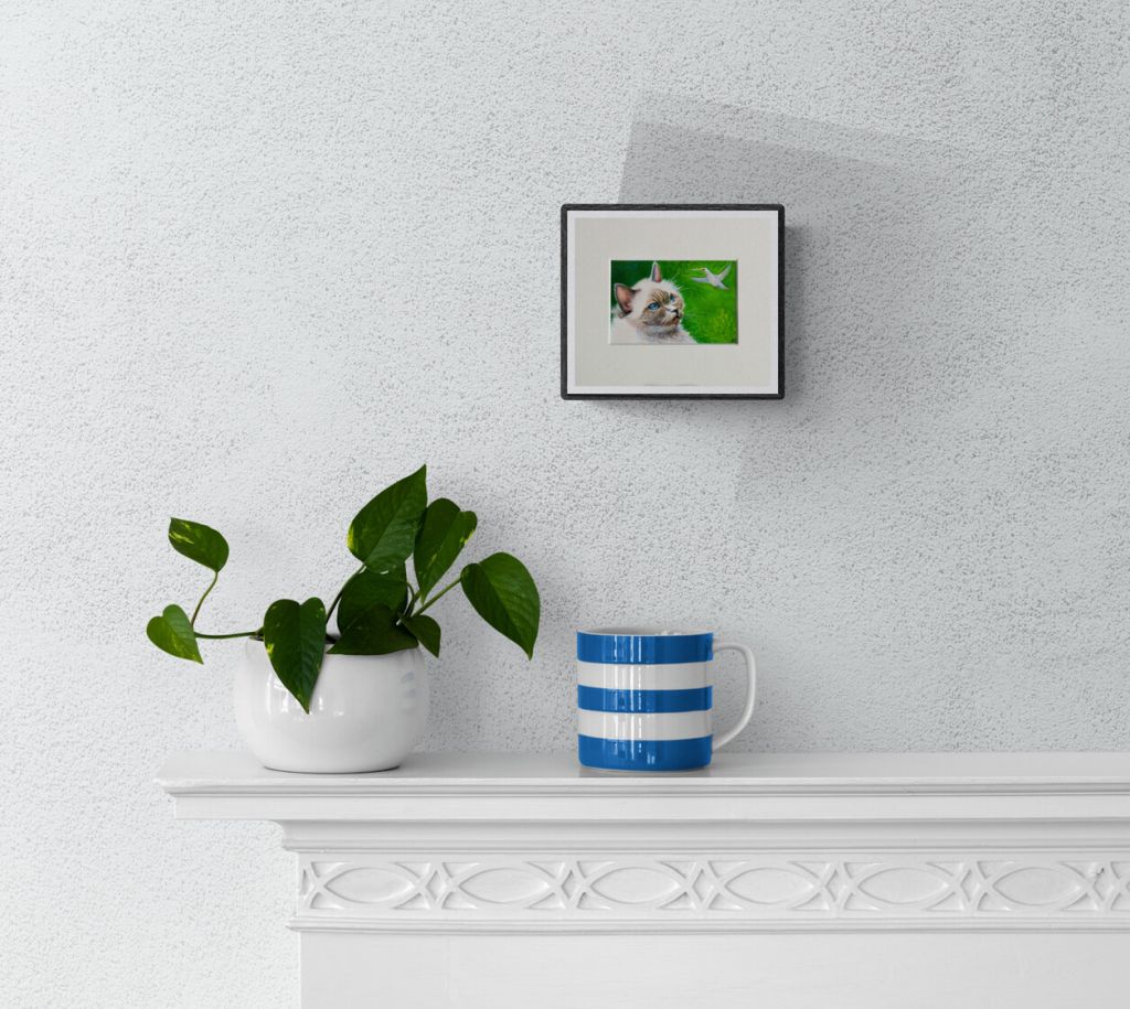Tiffany the Cat and a Hummingbird, original small painting - Rhia Janta - Cooper Fine Art