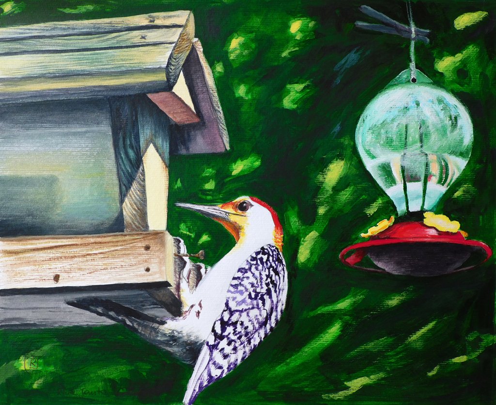 Woodpecker and bird feeder plus hummingbird feeder in the woods from Kentucky, painting by Rhia Janta-Cooper