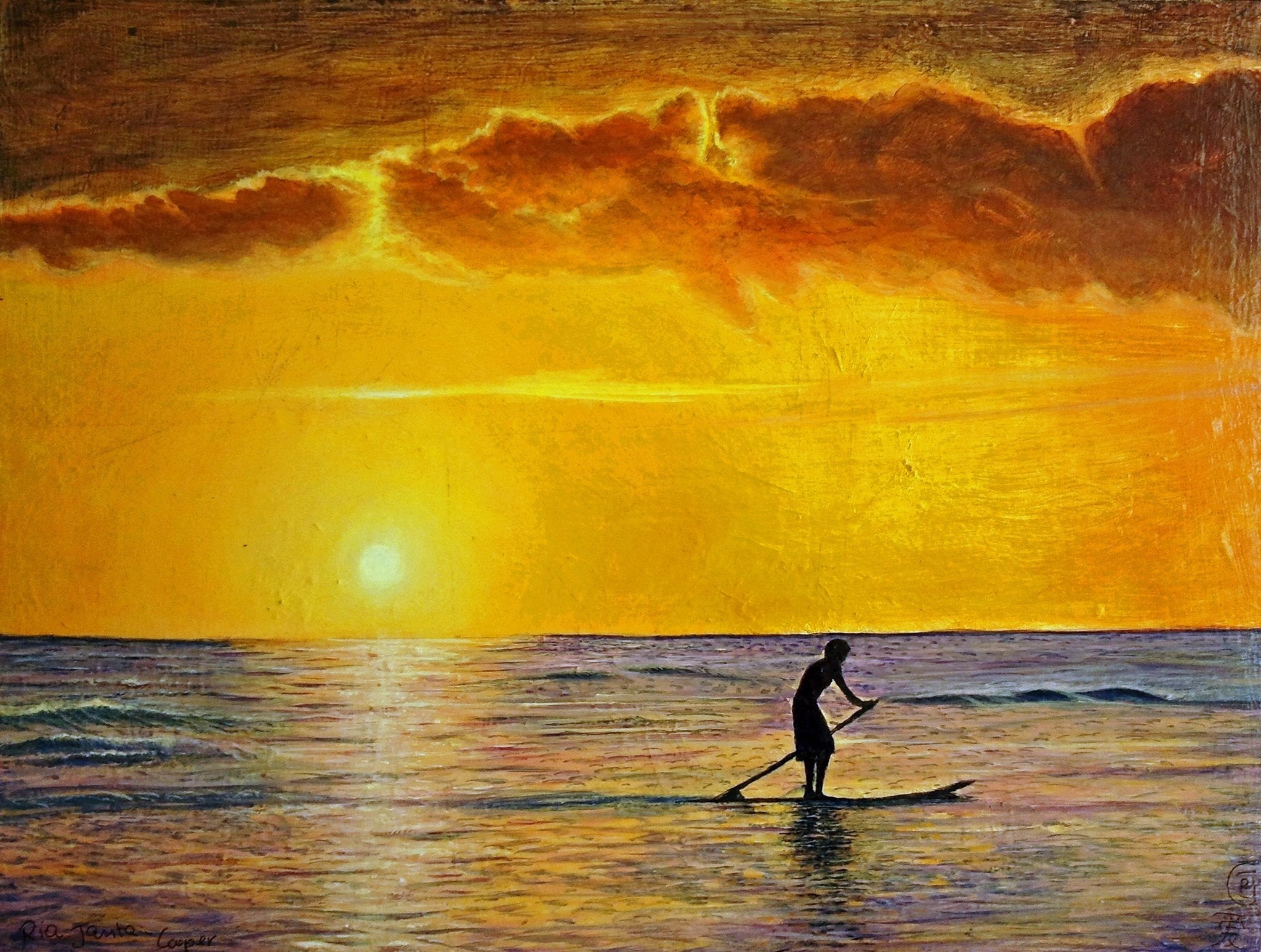 Painting of Hawaiian Sunset With Paddle Surfer - Rhia Janta-Cooper Fine Art