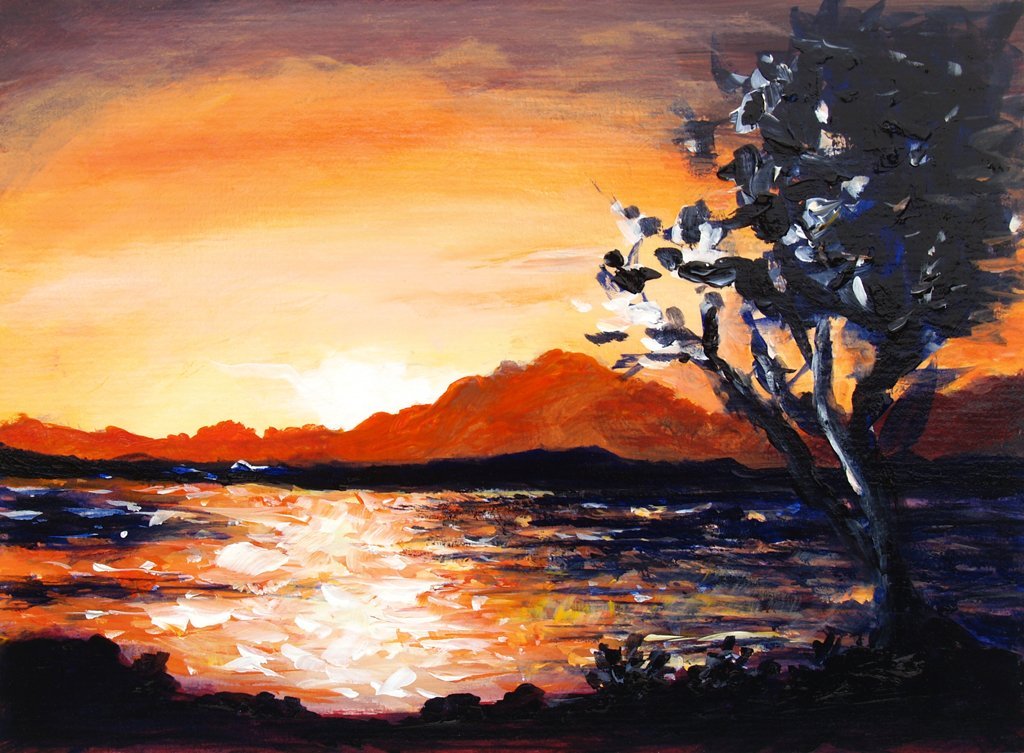 River Coe sunset painting, Scottish Highlands - Rhia Janta-Cooper Fine Art